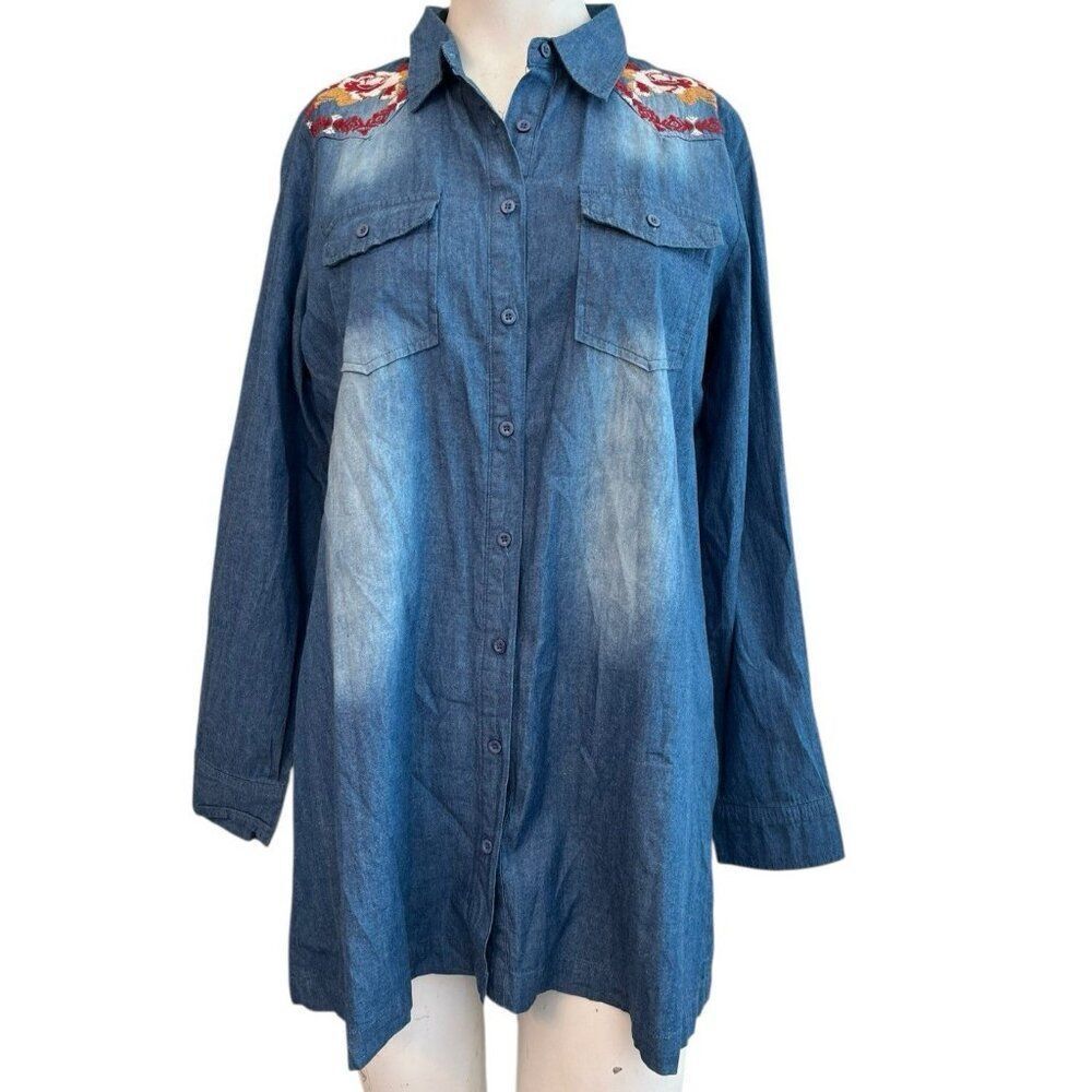 Boho Jane Small Blue Embroidered Floral Chambray Denim Button Shirt Tunic New